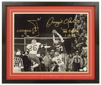 Dwight Clark Framed Autographed 16x20 "The Catch" Photo w/ Hand Drawn Play & Date Inscriptions